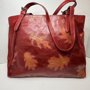 Claudia Firenze Red Leather Leaf Embossed Shoulder Tote Bag